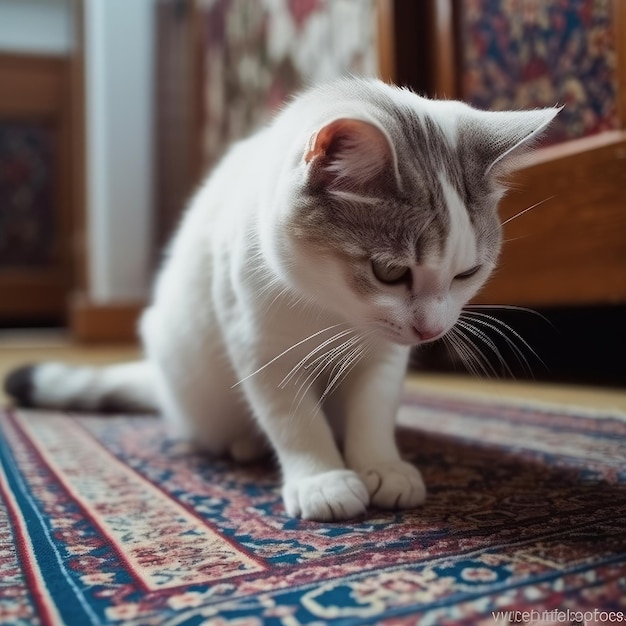 Um gato branco está sentado em um tapete