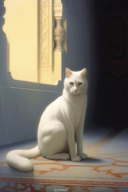 Um gato branco está sentado na frente de uma parede que tem uma janela ao fundo.