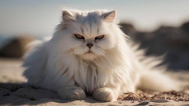 Um gato branco na praia