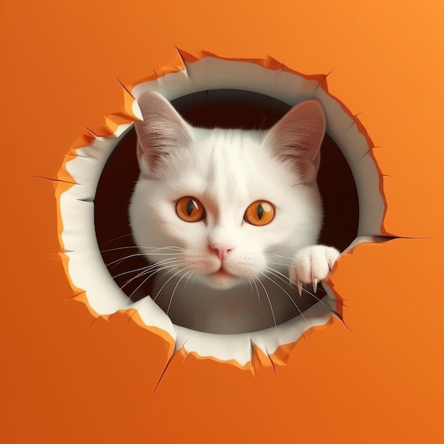Um gato branco olha por um buraco em uma parede laranja.