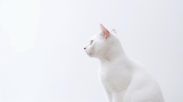 Um gato branco olhando pela janela com um fundo branco.