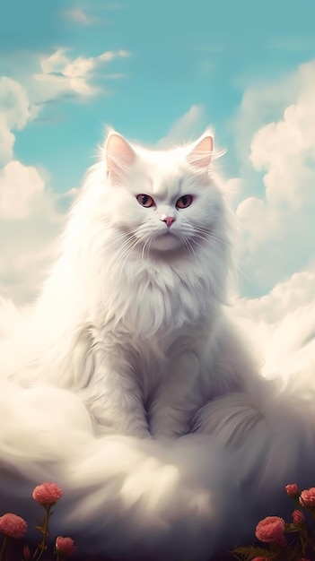 Um gato branco senta-se em uma nuvem no céu.