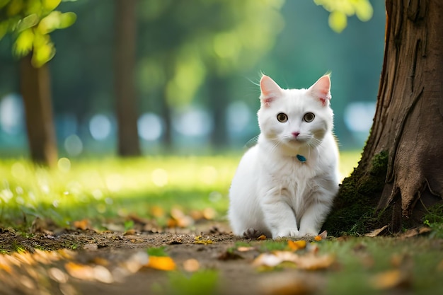 Um gato branco senta-se na grama em frente a uma árvore.