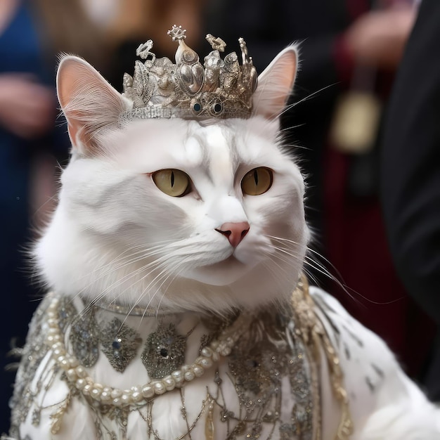 Um gato branco usando uma coroa de prata e um colar de prata.