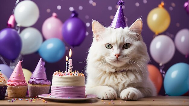 Foto um gato branco vestindo um chapéu de festa roxo está sentado na frente de um bolo de aniversário frosted roxo com um