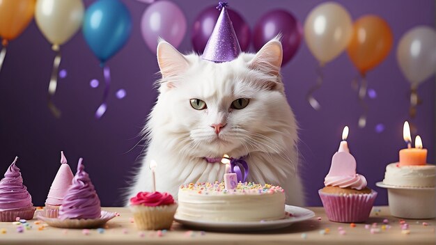 Foto um gato branco vestindo um chapéu de festa roxo está sentado na frente de um bolo de aniversário frosted roxo com um