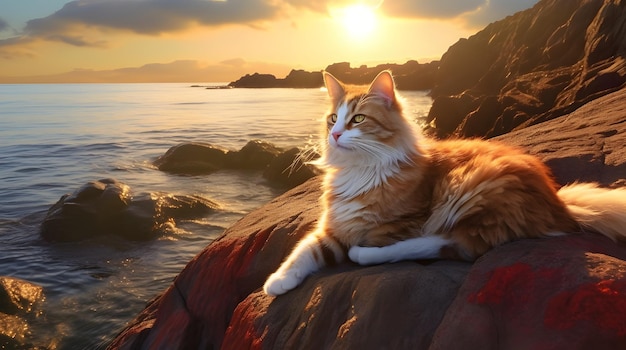 um gato brilhando na quente luz do pôr-do-sol em uma rocha costeira