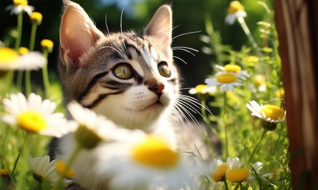 Um gato brincalhão no jardim de flores com IA generativa