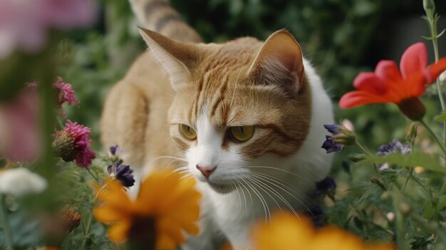 Um gato brincalhão perseguindo uma borboleta em um jardim cheio de flores Gerar Ai