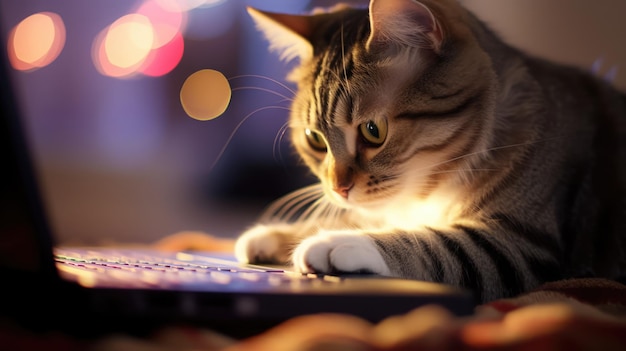 Um gato brincando com um computador