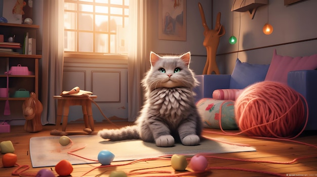 Um gato brincando com uma bola de fio em uma sala de estar acolhedora