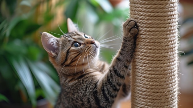 Um gato brincando com uma corda no topo de seu poste ai