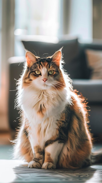 Um gato calico fofo com olhos verdes senta-se no chão