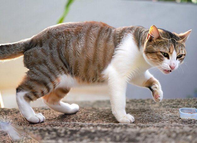 Um gato castanho e branco bonito