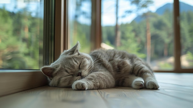 Um gato cinza bonito está dormindo no chão de madeira na frente das janelas do teto do chão