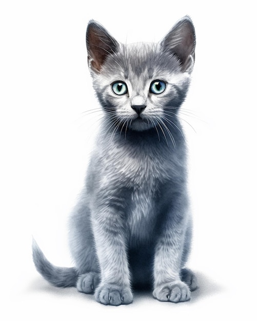 Um gato cinza com olhos azuis senta-se em um fundo branco.