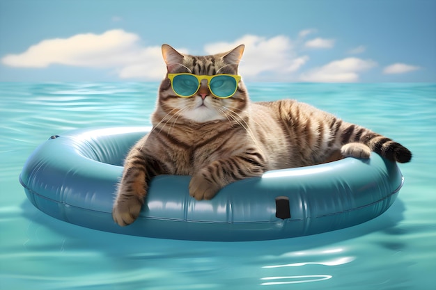 Um gato cinza de óculos em um anel de natação inflável na piscina Generative AI 1