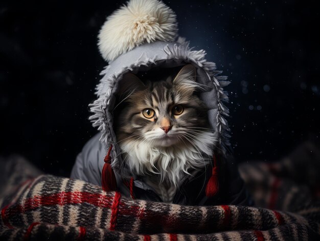 Um gato cinzento aquece-se em roupas de inverno geradas por IA