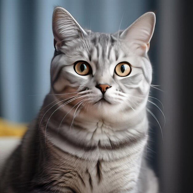 Foto um gato cinzento com olhos amarelos e um nariz branco