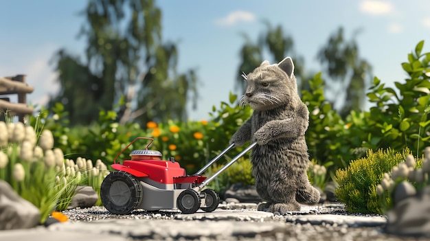 Um gato cinzento está cortando a grama com um cortador de grama vermelho o gato está usando uma expressão determinada em seu rosto