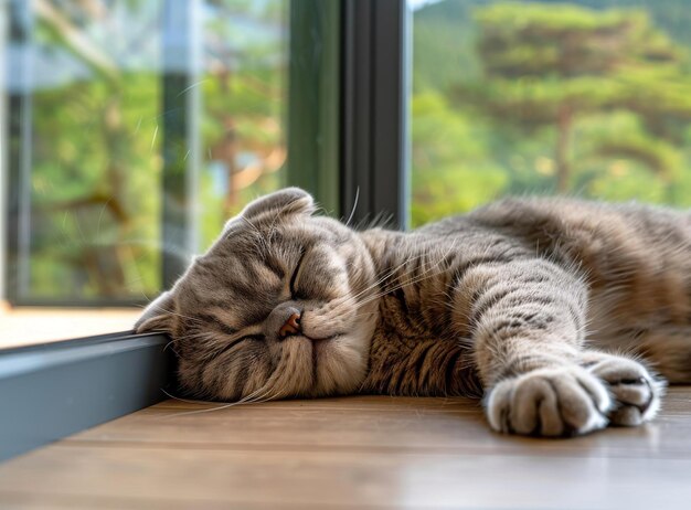 Foto um gato cinzento está dormindo no chão na frente de uma porta