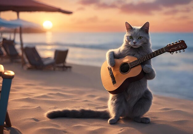 Um gato cinzento russo tocando guitarra na praia