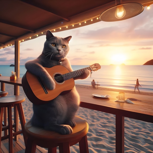 Um gato cinzento tocando guitarra na praia em um bar ao pôr do sol