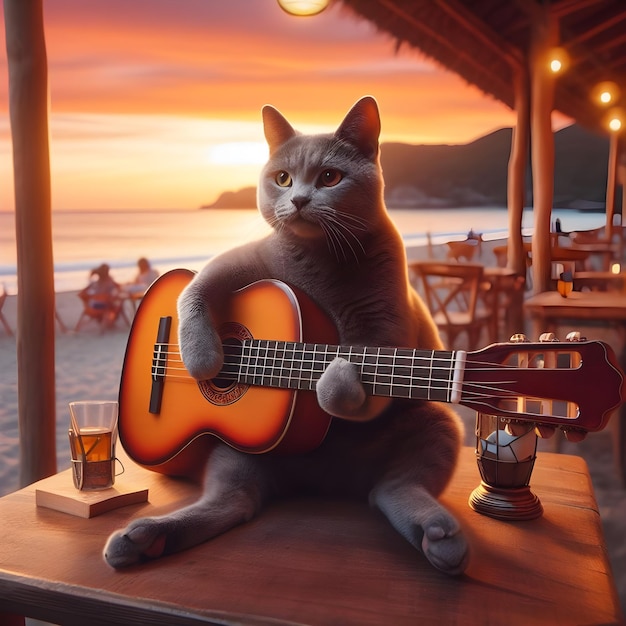 Um gato cinzento tocando guitarra na praia em um bar ao pôr do sol