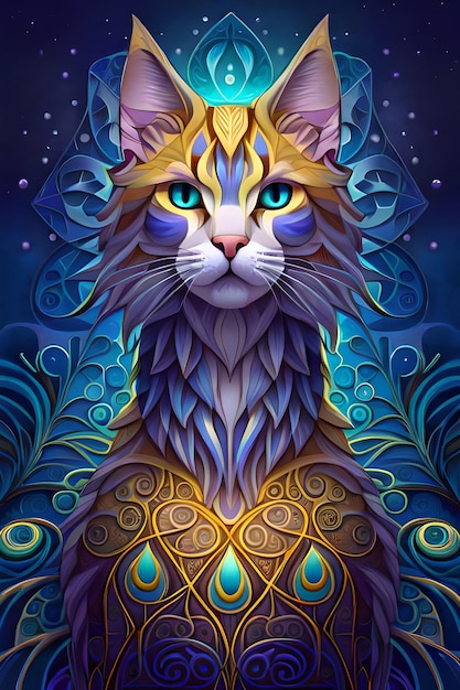 Um gato colorido com um rosto azul e uma cabeça dourada e azul.