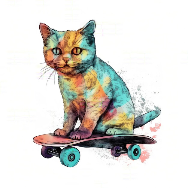 Um gato colorido está sentado em um skate com a palavra gato nele.