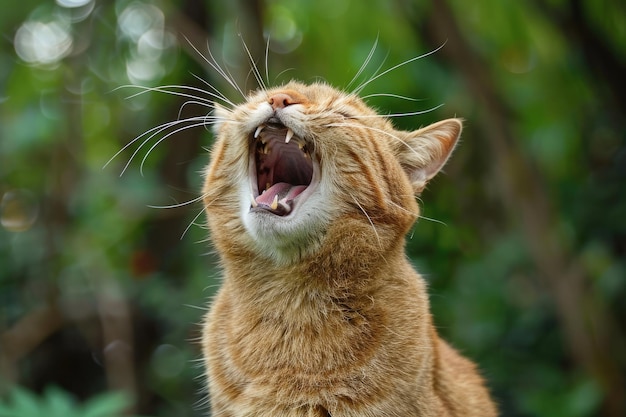 Foto um gato com a boca aberta e a palavra bocejando do lado