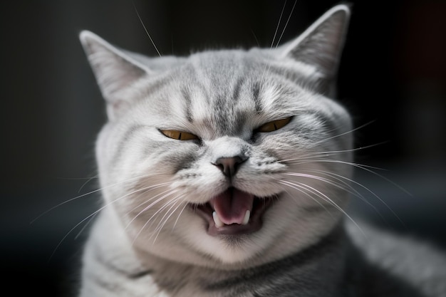 Um gato com a boca aberta e um olho amarelo.