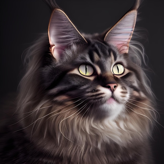 Um gato com cabelo comprido e bigodes longos está olhando para cima.