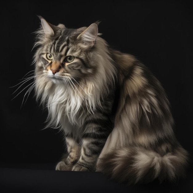 Um gato com cabelo comprido e cauda longa senta-se sobre um fundo preto.