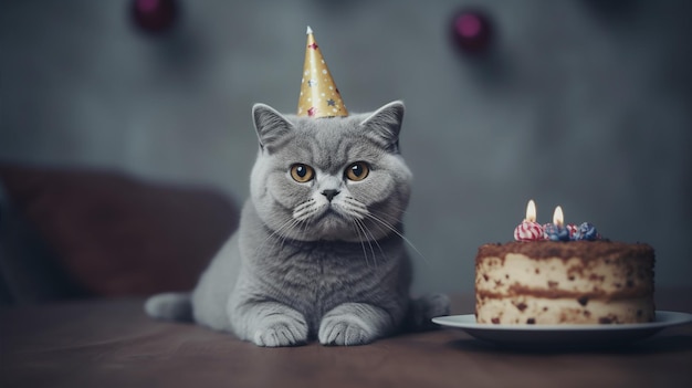 Um gato com chapéu de aniversário e um pedaço de bolo