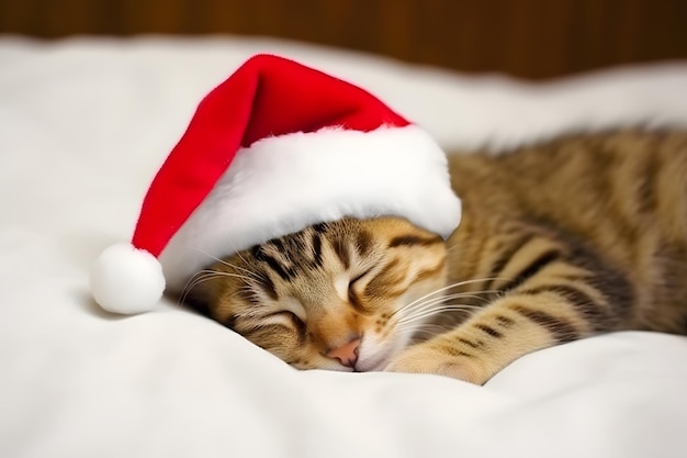 um gato com chapéu de Papai Noel está dormindo em uma cama.