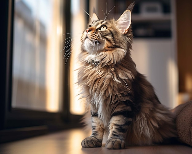 um gato com coleira sentado em uma mesa.