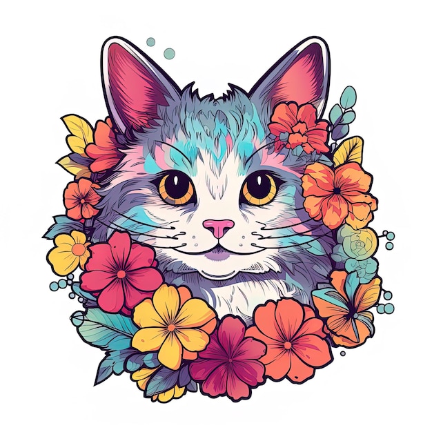 um gato com flores em círculo e a foto de um gato com nariz rosa.