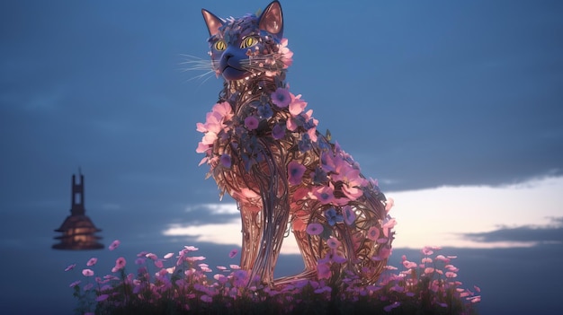 Um gato com flores nas costas está em um campo.