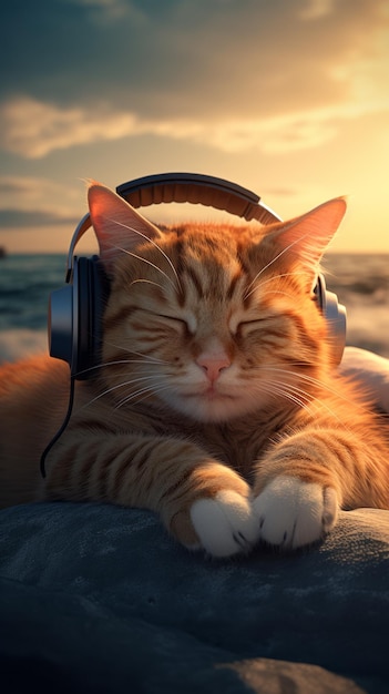 Um gato com fones de ouvido está deitado no telhado viajando na praia