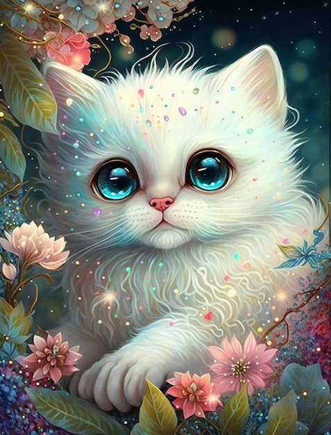 Um gato com grandes olhos azuis está em um fundo de flor rosa.