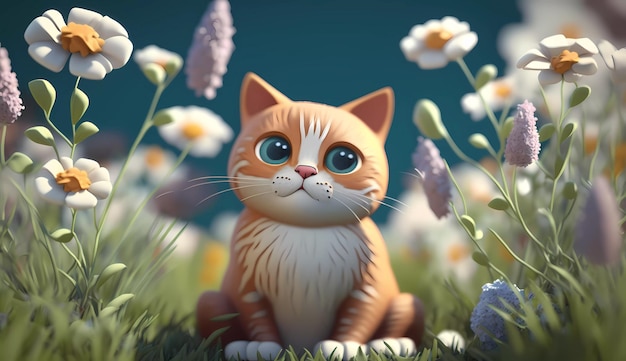 Um gato com grandes olhos azuis senta-se em um campo de flores.