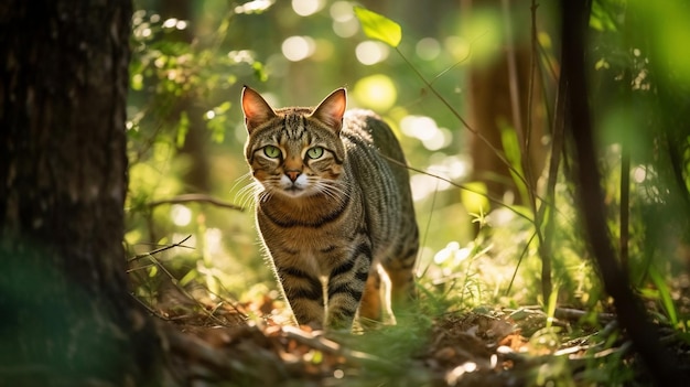 um gato com nariz branco e olhos verdes caminha pela grama.