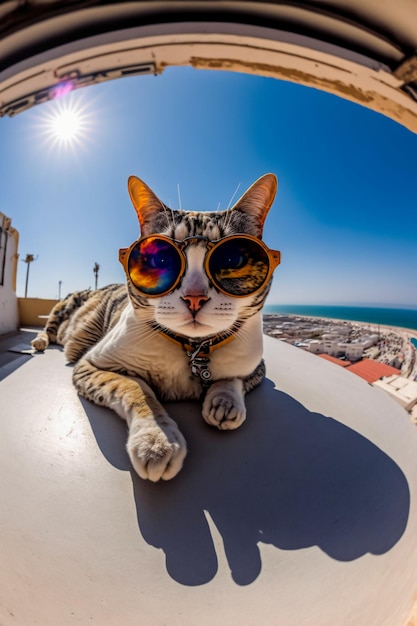 Foto um gato com óculos de sol da moda está deitado no telhado