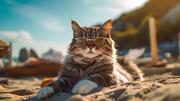 Um gato com óculos de sol senta-se na praia