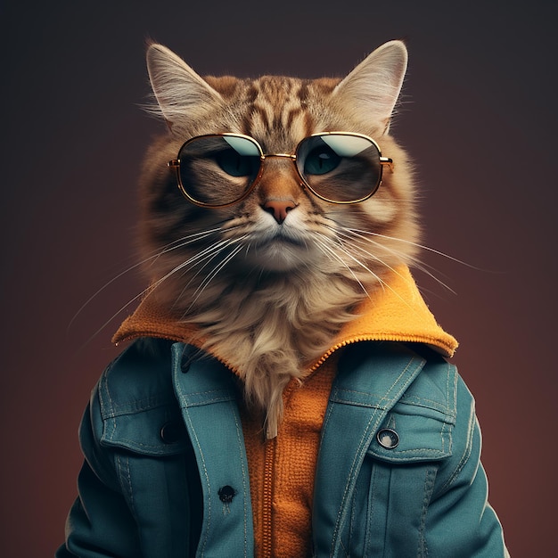 Um gato com óculos dourados e uma jaqueta jeans azul