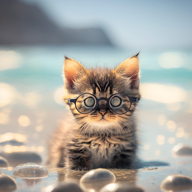 Um gato com óculos e óculos de armação preta está parado em uma praia