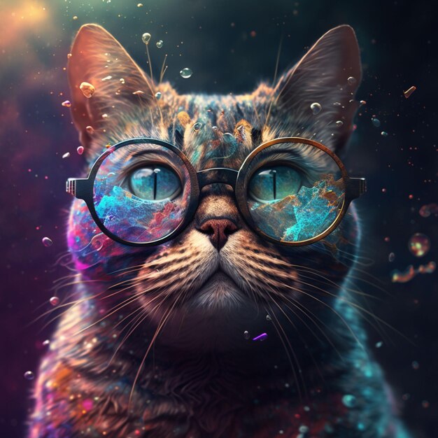Um gato com óculos e um fundo de arco-íris