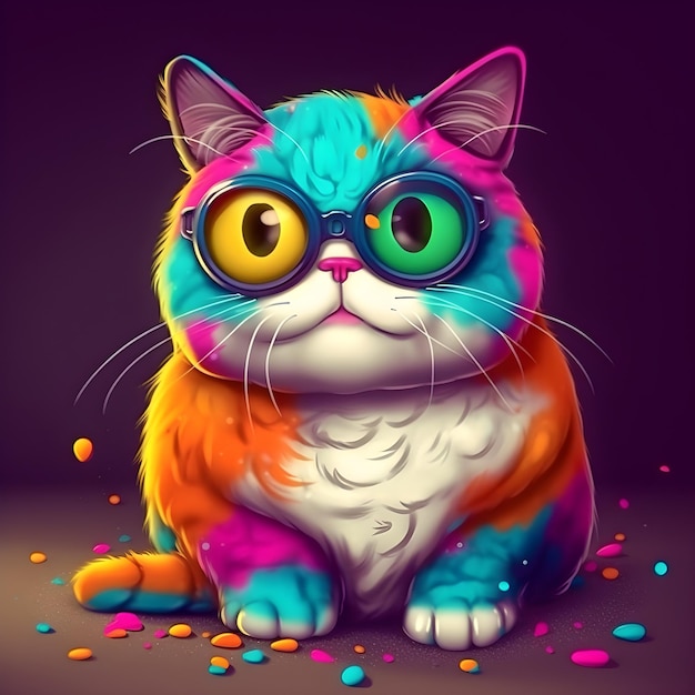 Um gato com óculos e um rosto colorido do arco-íris senta-se em um fundo roxo.