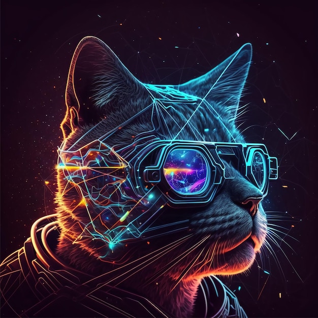 Um gato com óculos e uma camisa que diz 'gato'